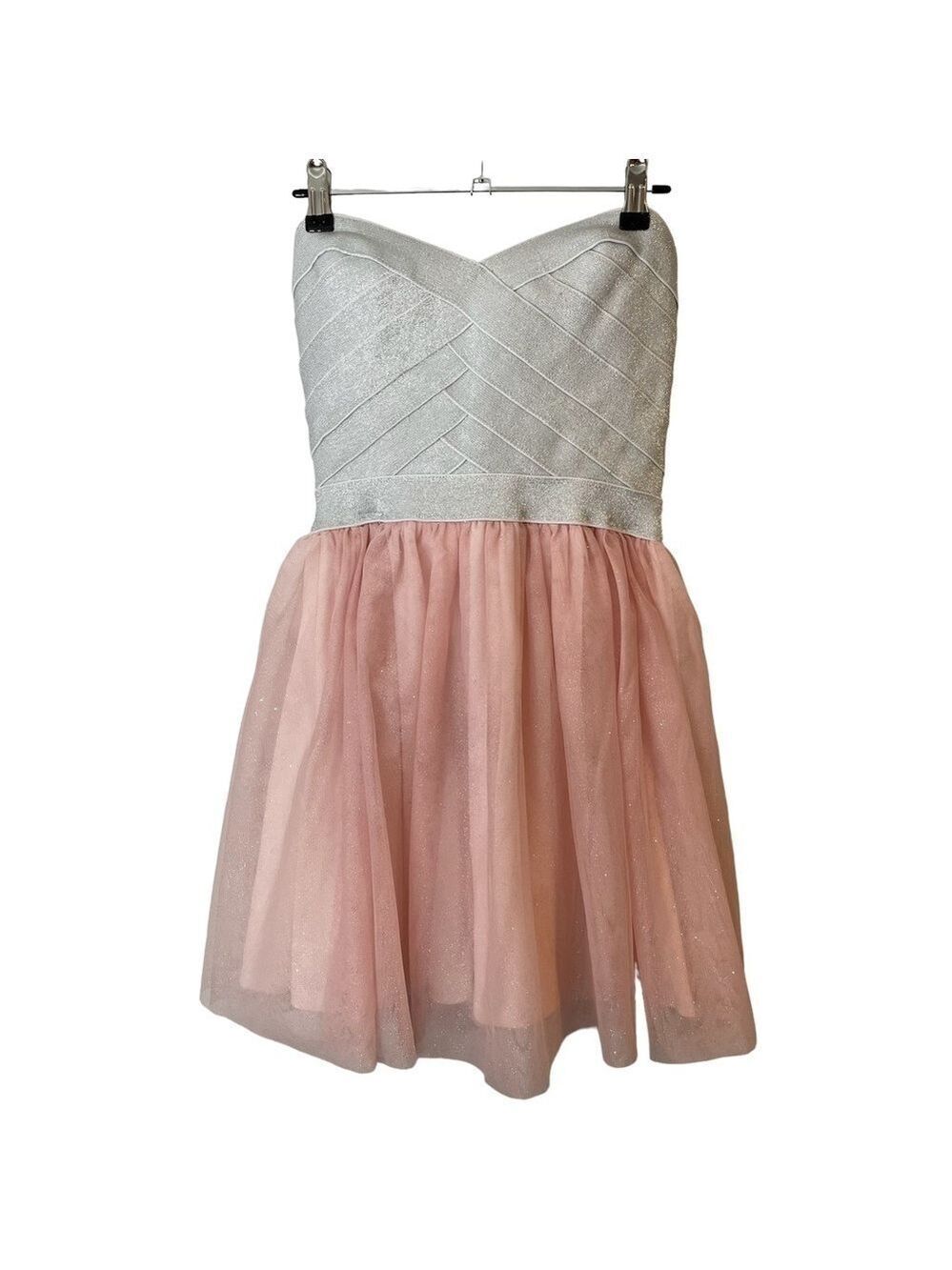 Le Chateau Strapless Mini Tutu Dress Sz XS Baby Pink Silver Sparkle Tulle Short